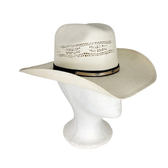 Vintage Rocha Hats Western Cowboy Hat Woven Straw Studded Leather Band 7 1/4" - Picture 6 of 11